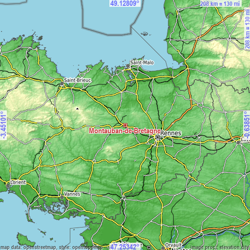 Topographic map of Montauban-de-Bretagne