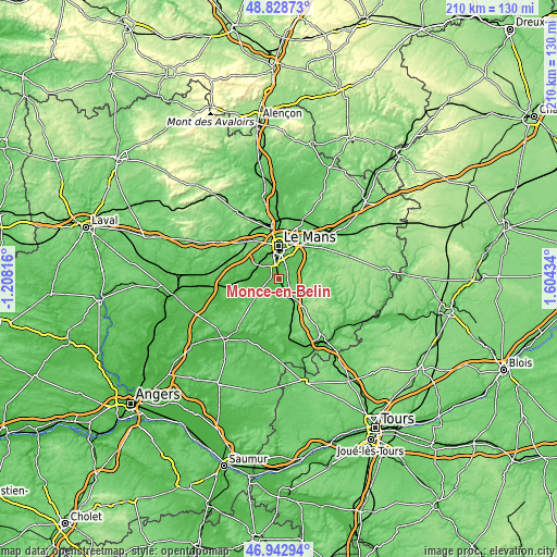 Topographic map of Moncé-en-Belin