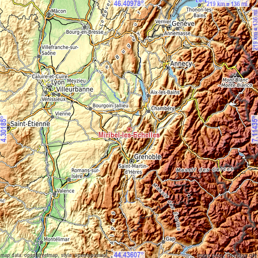 Topographic map of Miribel-les-Échelles