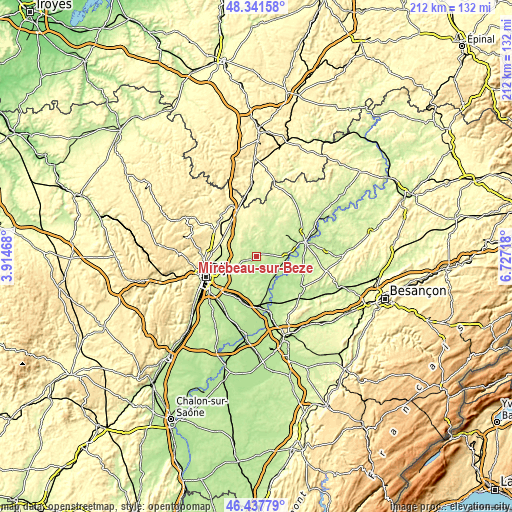 Topographic map of Mirebeau-sur-Bèze