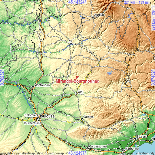 Topographic map of Mirandol-Bourgnounac