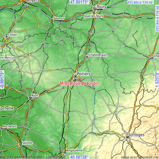 Topographic map of Mignaloux-Beauvoir