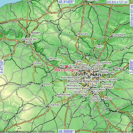 Topographic map of Mézy-sur-Seine