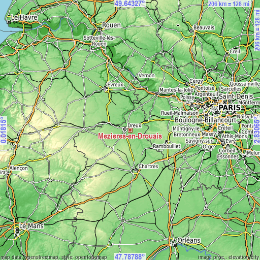 Topographic map of Mézières-en-Drouais