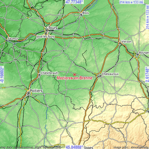 Topographic map of Mézières-en-Brenne