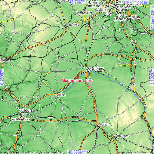 Topographic map of Meung-sur-Loire