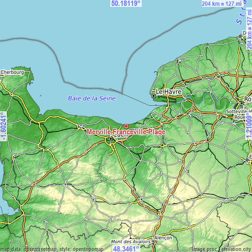 Topographic map of Merville-Franceville-Plage