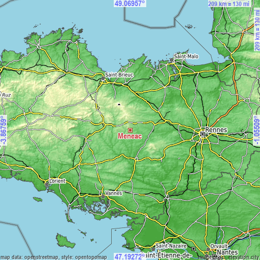 Topographic map of Ménéac