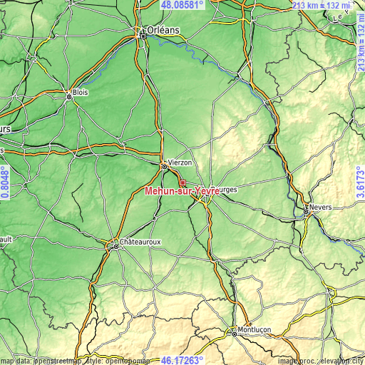 Topographic map of Mehun-sur-Yèvre