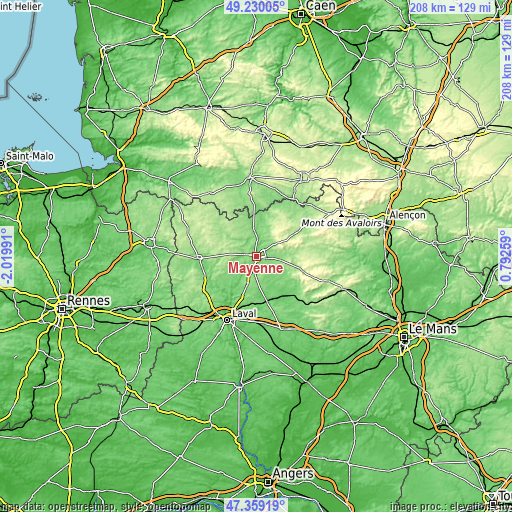 Topographic map of Mayenne