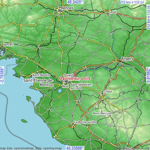 Topographic map of Mauves-sur-Loire