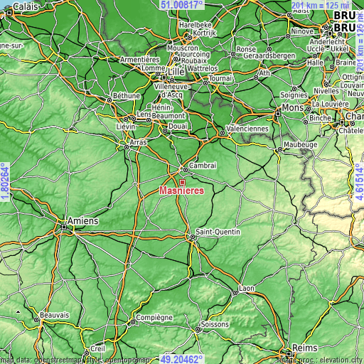 Topographic map of Masnières