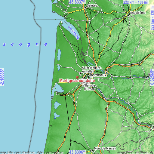 Topographic map of Martignas-sur-Jalle