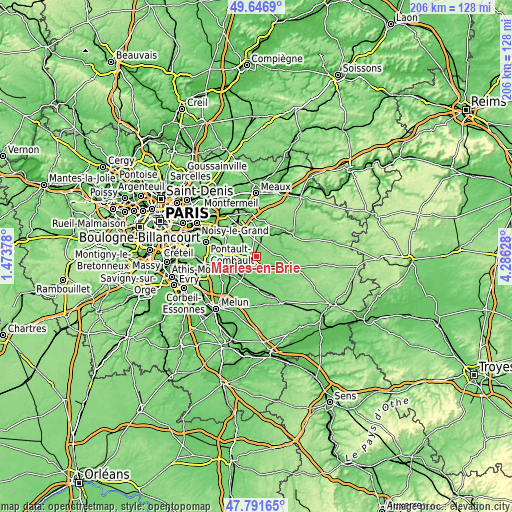 Topographic map of Marles-en-Brie