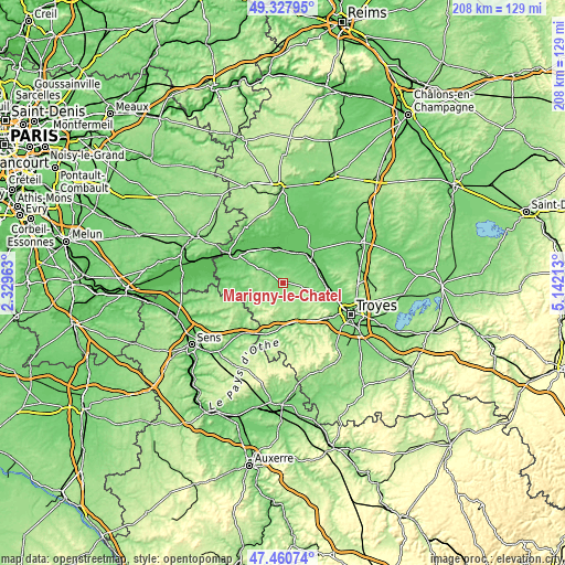 Topographic map of Marigny-le-Châtel