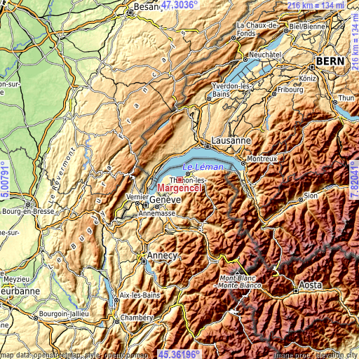 Topographic map of Margencel