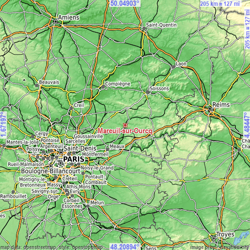 Topographic map of Mareuil-sur-Ourcq