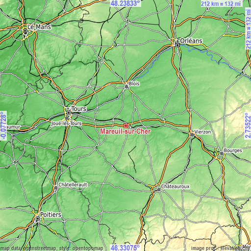 Topographic map of Mareuil-sur-Cher