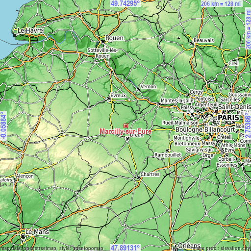 Topographic map of Marcilly-sur-Eure