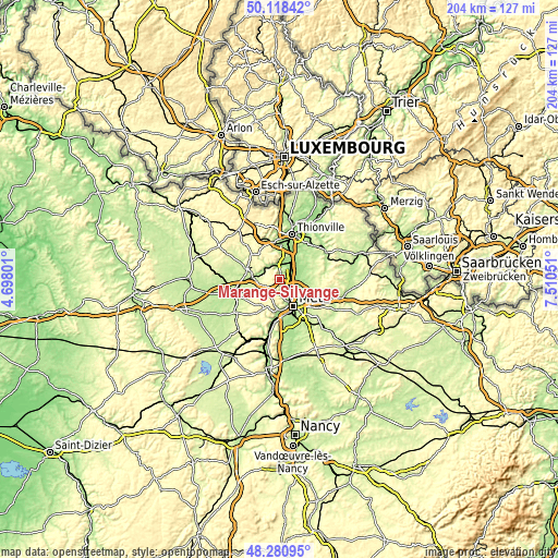 Topographic map of Marange-Silvange