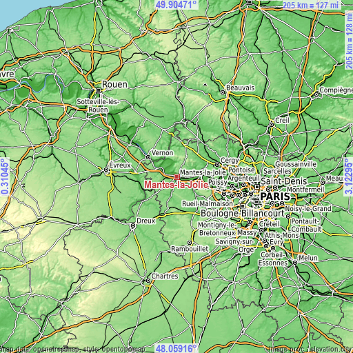 Topographic map of Mantes-la-Jolie