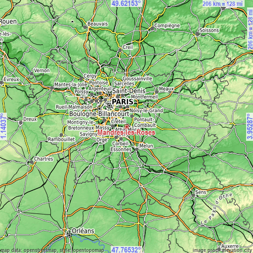 Topographic map of Mandres-les-Roses