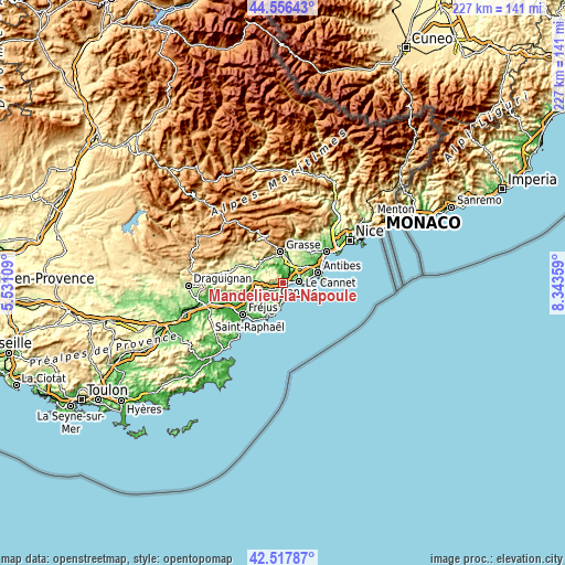 Topographic map of Mandelieu-la-Napoule