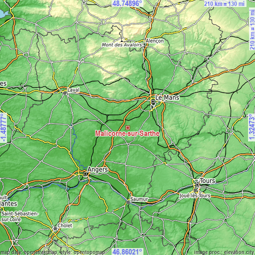 Topographic map of Malicorne-sur-Sarthe