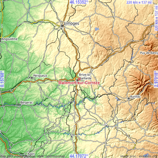 Topographic map of Malemort-sur-Corrèze