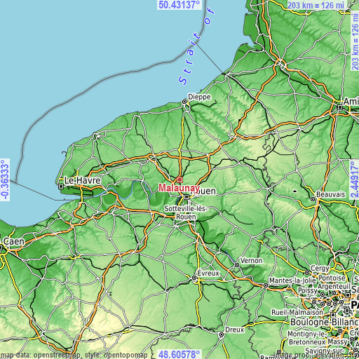 Topographic map of Malaunay