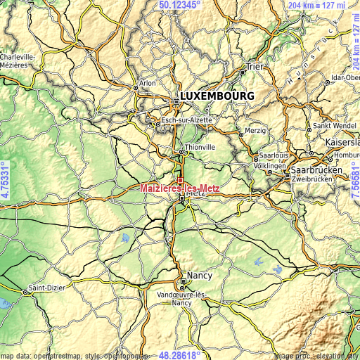 Topographic map of Maizières-lès-Metz