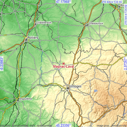 Topographic map of Magnac-Laval