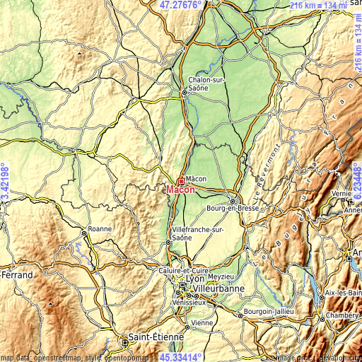 Topographic map of Mâcon