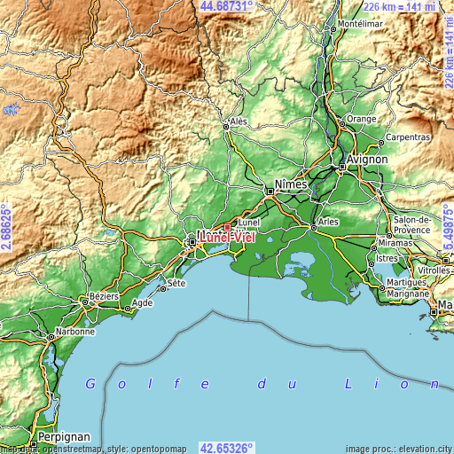 Topographic map of Lunel-Viel