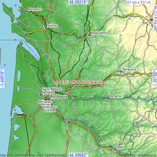 Topographic map of Les Églisottes-et-Chalaures