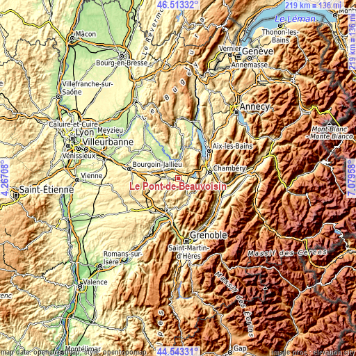 Topographic map of Le Pont-de-Beauvoisin