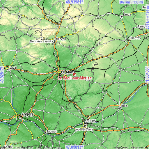 Topographic map of Le Breil-sur-Mérize