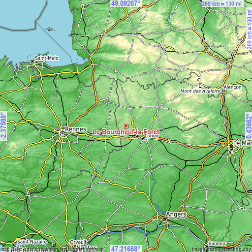 Topographic map of Le Bourgneuf-la-Forêt