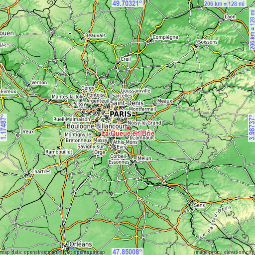 Topographic map of La Queue-en-Brie