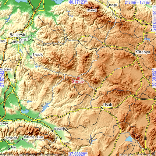 Topographic map of Simav