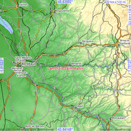 Topographic map of Lamonzie-Saint-Martin