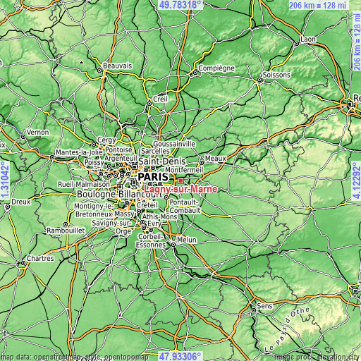 Topographic map of Lagny-sur-Marne