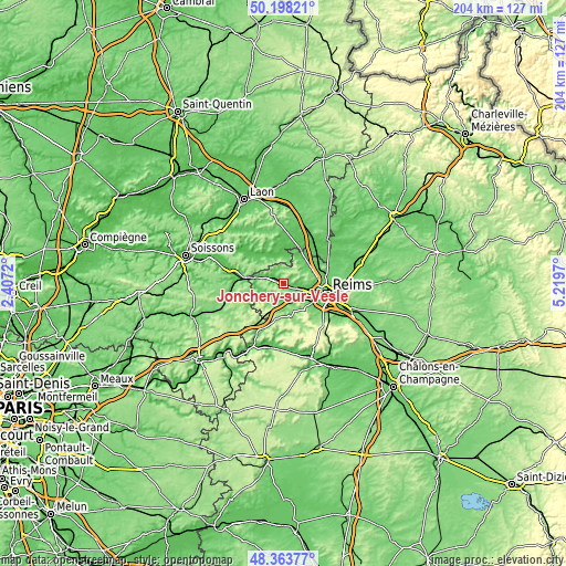 Topographic map of Jonchery-sur-Vesle