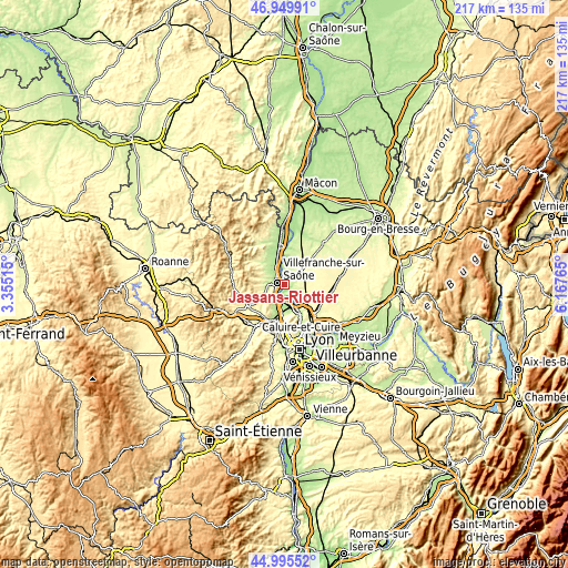 Topographic map of Jassans-Riottier