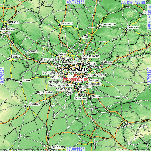 Topographic map of Ivry-sur-Seine
