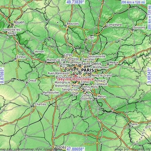 Topographic map of Issy-les-Moulineaux