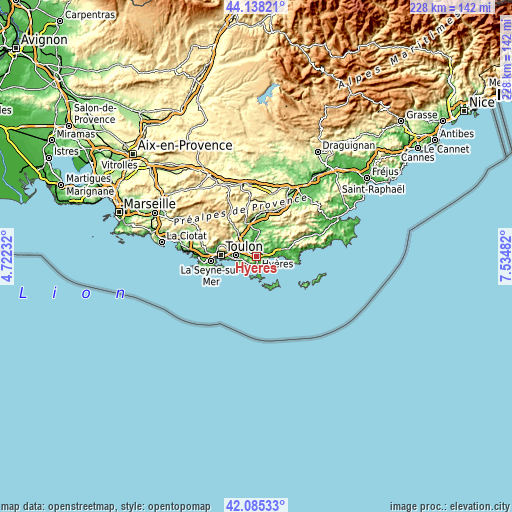 Topographic map of Hyères