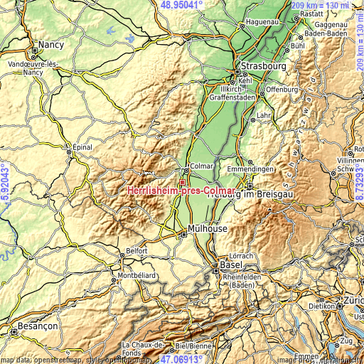 Topographic map of Herrlisheim-près-Colmar
