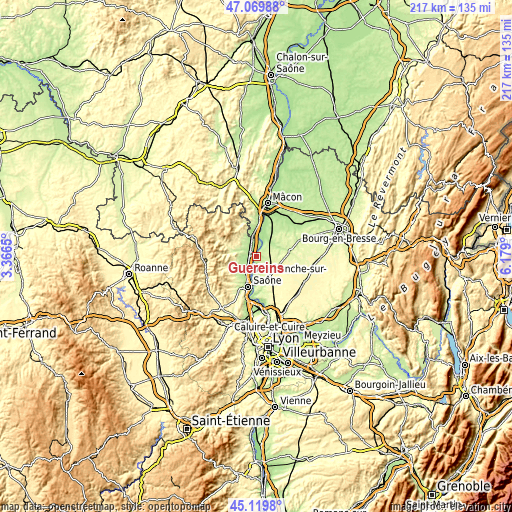 Topographic map of Guéreins