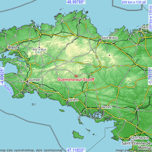 Topographic map of Guémené-sur-Scorff